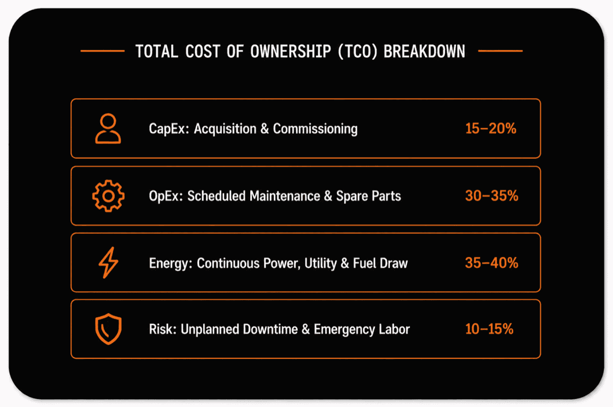 Total cost of ownership breakdown: acquisition 15–20%, scheduled maintenance 30–35%, energy 35–40%, downtime risk 10–15%