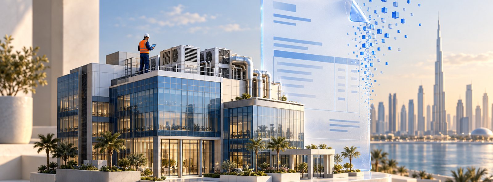 A UAE office building rendered as an architectural model, with a facilities technician on the roof plant deck and a tax invoice dissolving into digital data above the Dubai skyline.