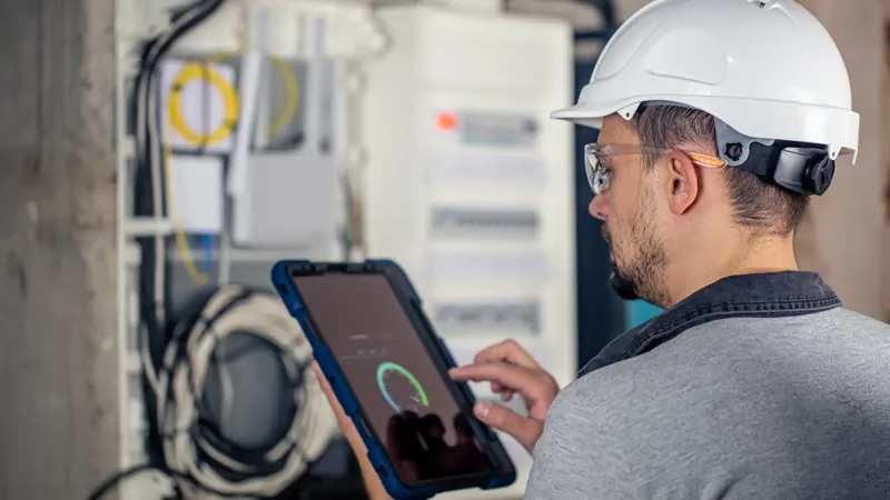 FM technician in a hard hat updating a job on a tablet at an electrical panel