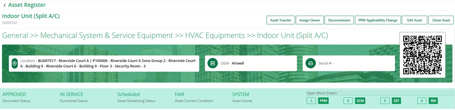 Asset register record in Reflexion CAFM for an indoor split A/C unit, with its category path, location, OEM, QR tag, status and open work orders