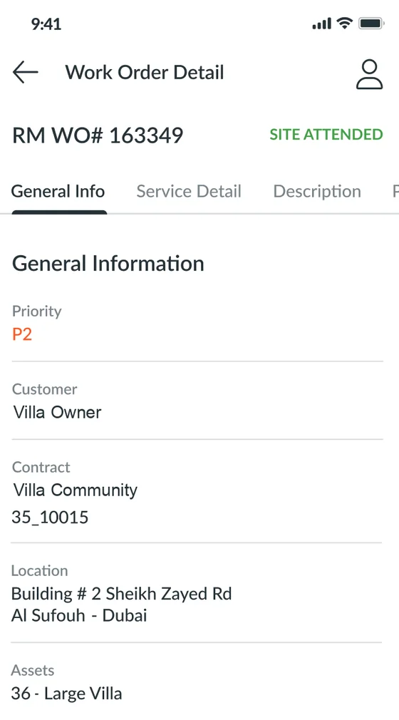 Reflexion technician app work order detail marked site attended, with priority, customer, contract, location and asset