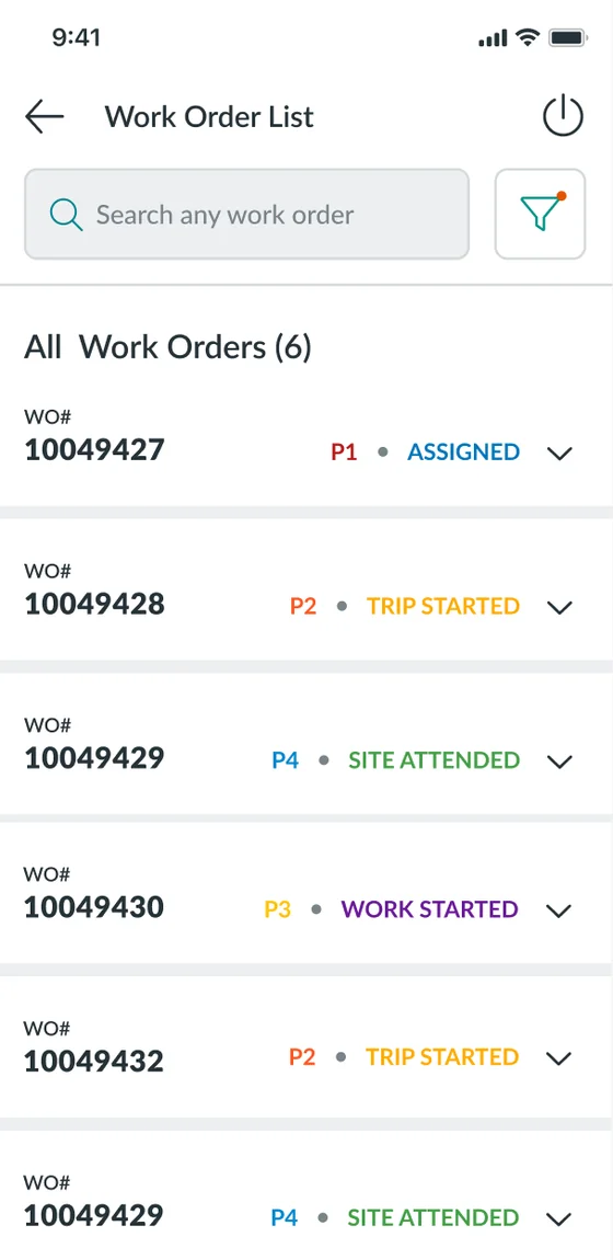 Reflexion technician app work order list with priorities and statuses such as assigned, trip started, site attended and work started